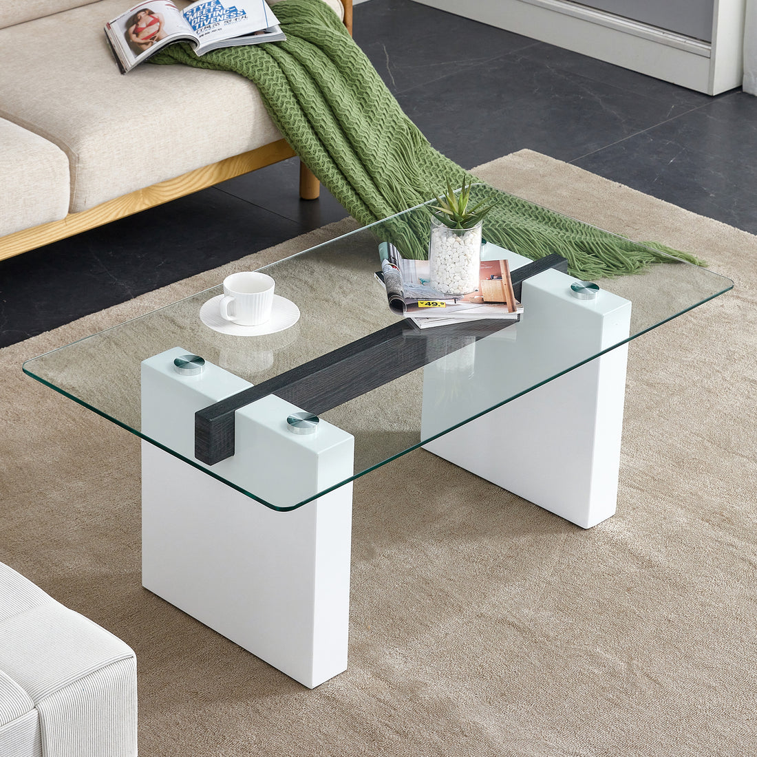 Modern Minimalist Transparent Tempered Glass Coffee Tablepaired With White Mdf Decorative Columns. Computer Desk. Game Table. Ct 1546 Transparent Glass