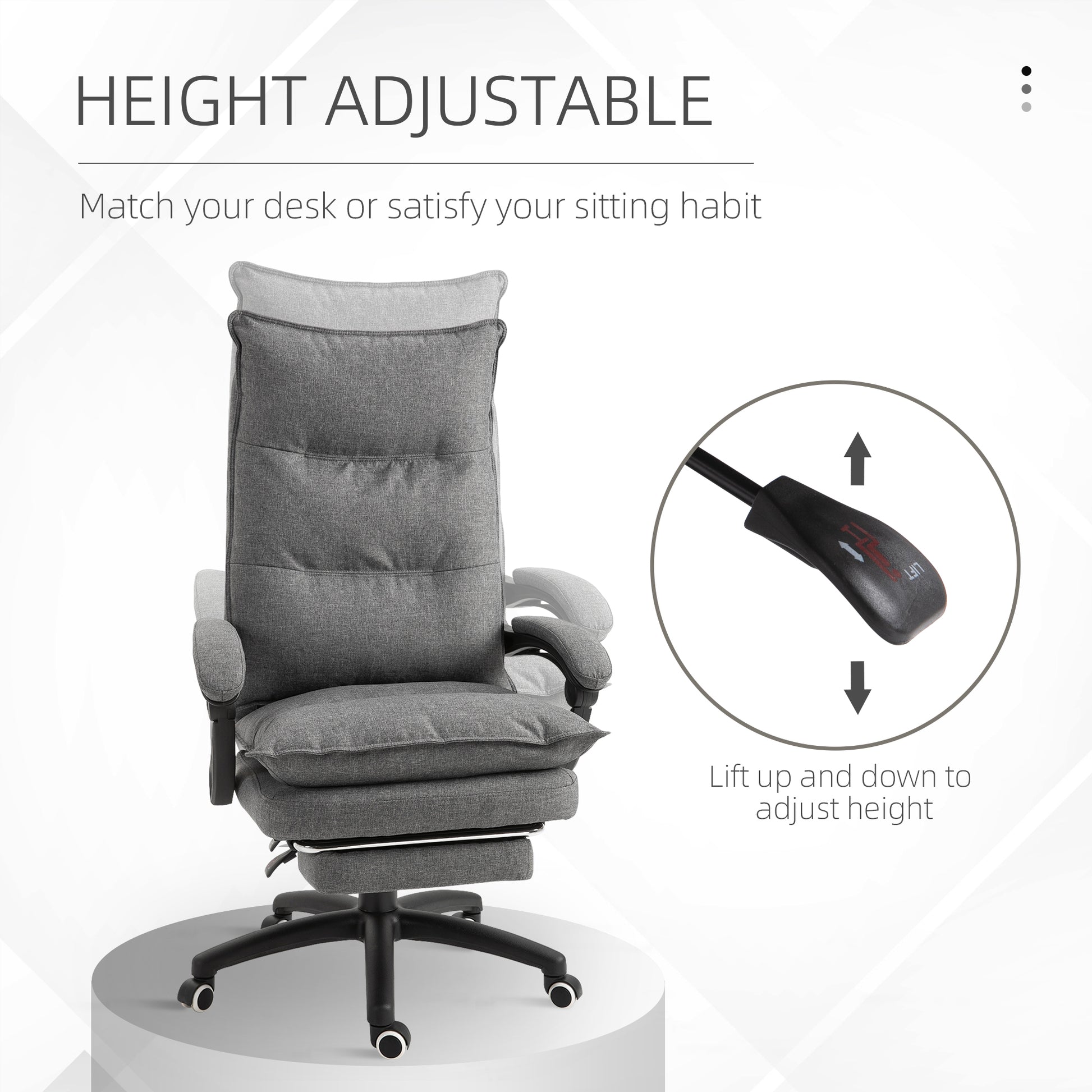 Vinsetto 360 Swivel Executive Home Office Chair Adjustable Height Linen Style Fabric Recliner With Retractable Footrest And Double Padding, Grey Gray Fabric