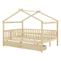 Full Size Wooden House Bed With Two Drawers, Natural Box Spring Not Required Full Natural Wood Bedroom Pine Bed Frame Wood