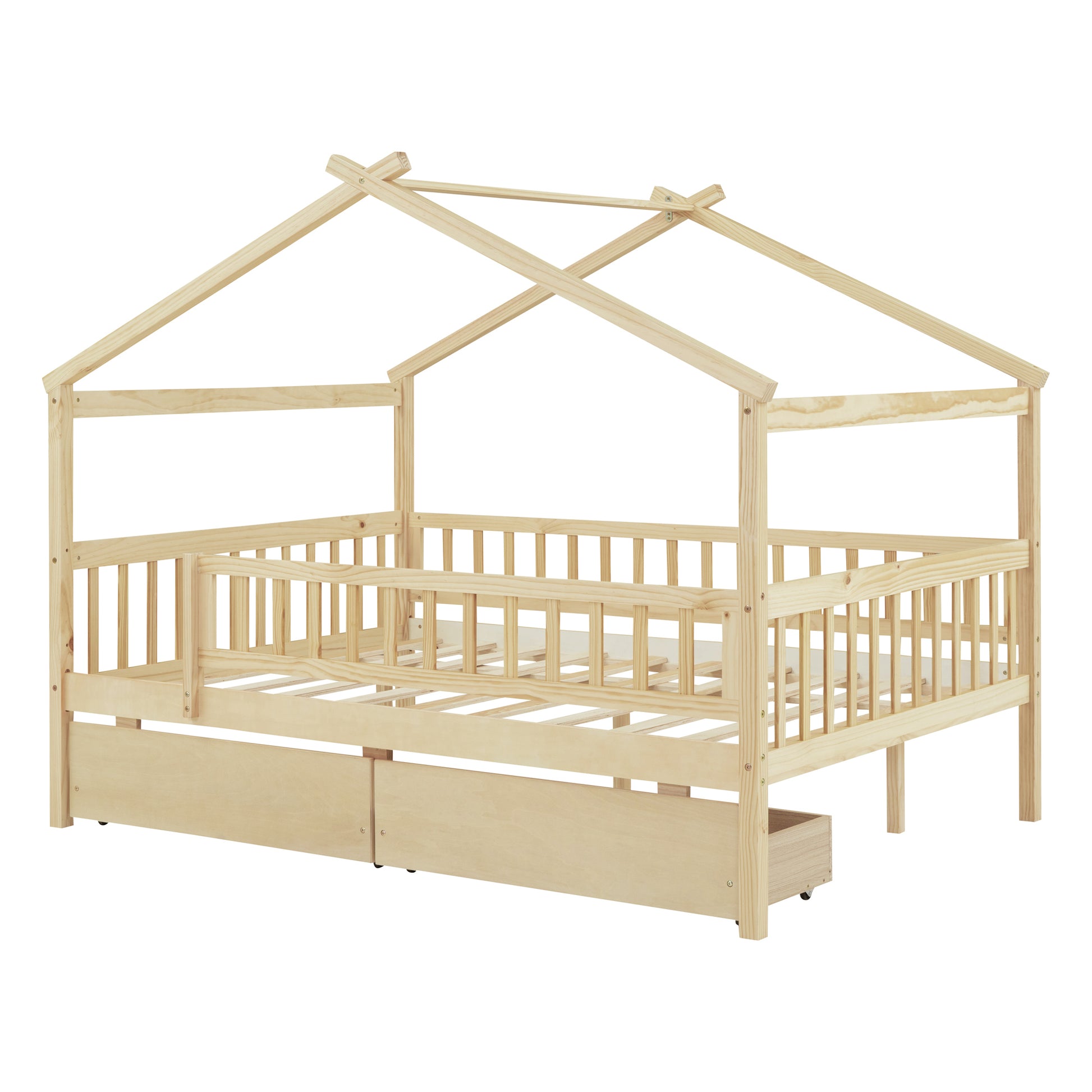 Full Size Wooden House Bed With Two Drawers, Natural Box Spring Not Required Full Natural Wood Bedroom Pine Bed Frame Wood