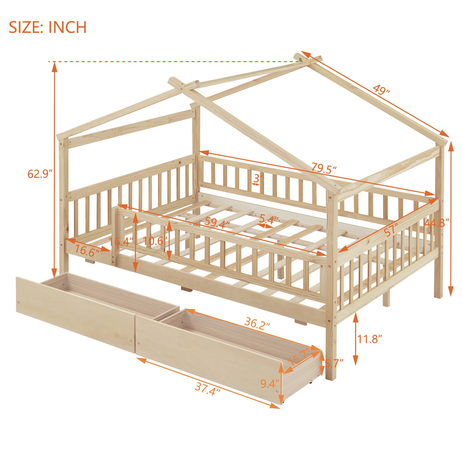 Full Size Wooden House Bed With Two Drawers, Natural Box Spring Not Required Full Natural Wood Bedroom Pine Bed Frame Wood