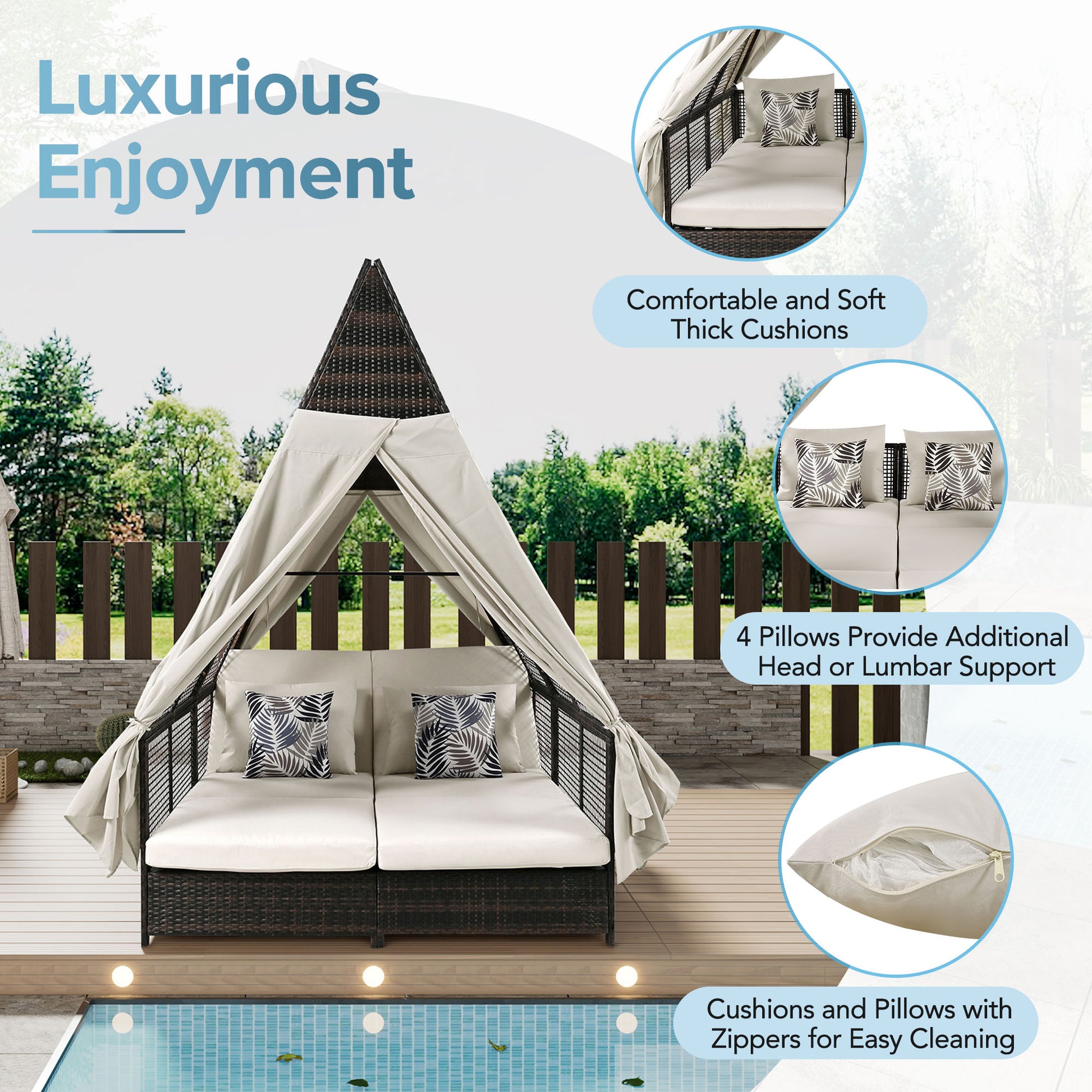 Outdoor Daybed Patio Lounge Bed With Adjustable Backrest Outdoor Double Sun Lounger With Curtains, 4 Pillows For Garden Patio Poolside Balcony Beach, Beige Yes Beige Water Resistant Frame Water Resistant Cushion Garden & Outdoor Sectional Seating Groups