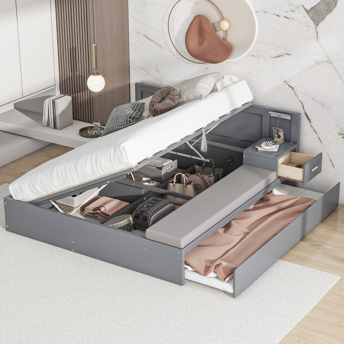 Full Size Wood Storage Hydraulic Platform Bed With Twin Size Trundle, Side Table And Lounge, Gray Box Spring Not Required Full Gray Wood Bedroom Bed Frame Solid Wood Mdf