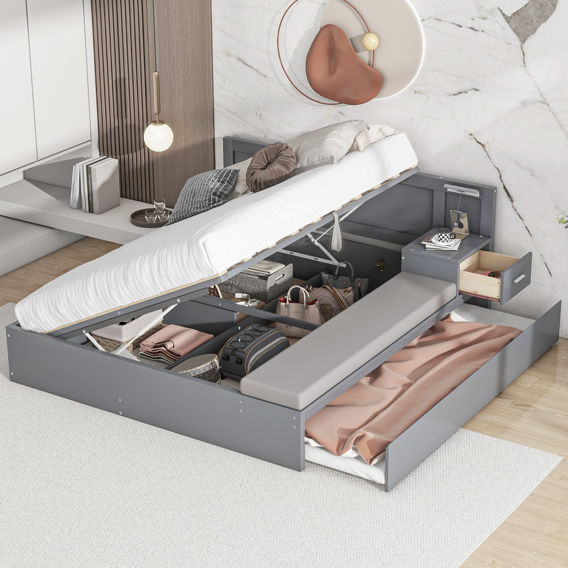 Full Size Wood Storage Hydraulic Platform Bed With Twin Size Trundle, Side Table And Lounge, Gray Box Spring Not Required Full Gray Wood Bedroom Bed Frame Solid Wood Mdf