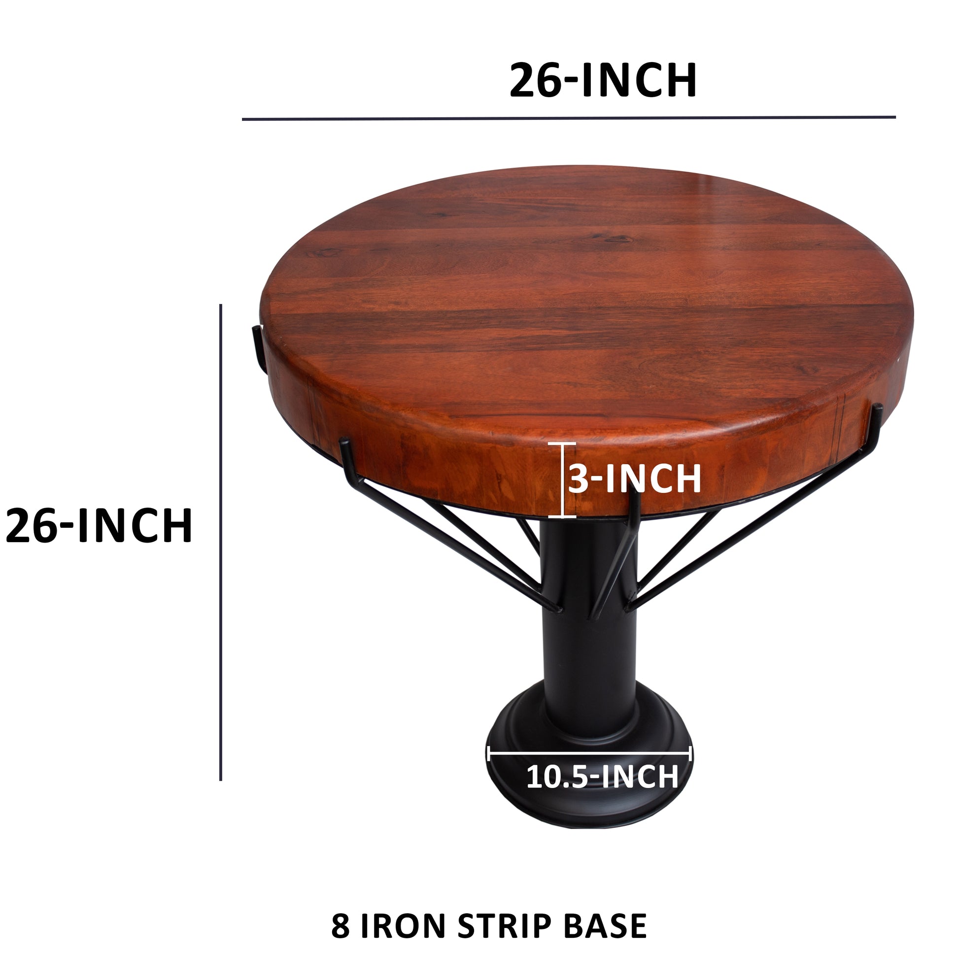 26 Inch Handcrafted Round Side End Table, Thick Mango Wood Top, Black Iron Pedestal Base Black Brown Metal & Wood