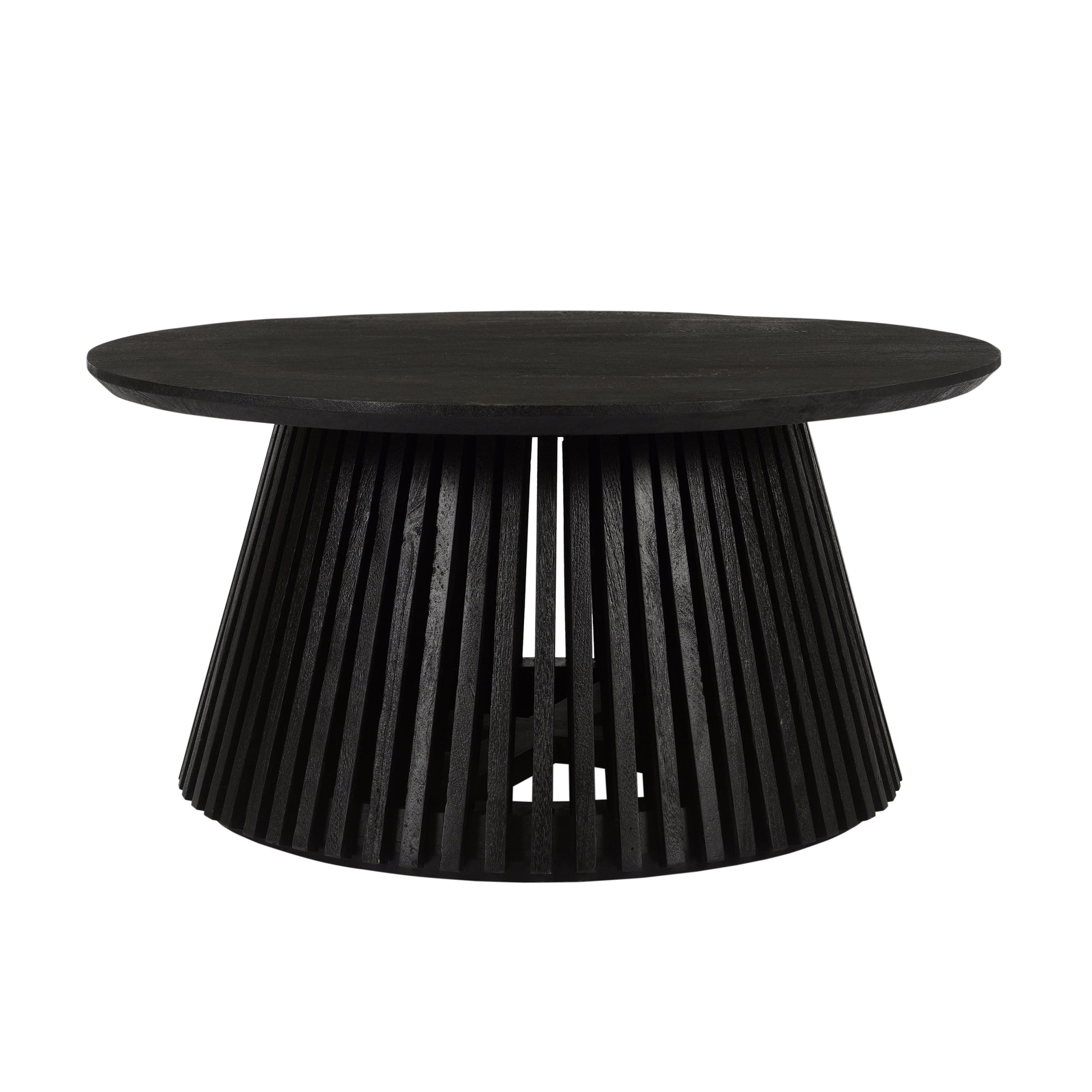 Ridge 32 Inch Handcrafted Round Coffee Table, Mango Wood, Slatted Flared Base, Black Black Solid Wood