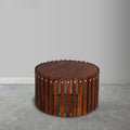Myla 31 Inch Handcrafted Round Coffee Table With Vertical Planks, Iron Rivets, Dark Walnut Brown Acacia Wood Brown Metal & Wood
