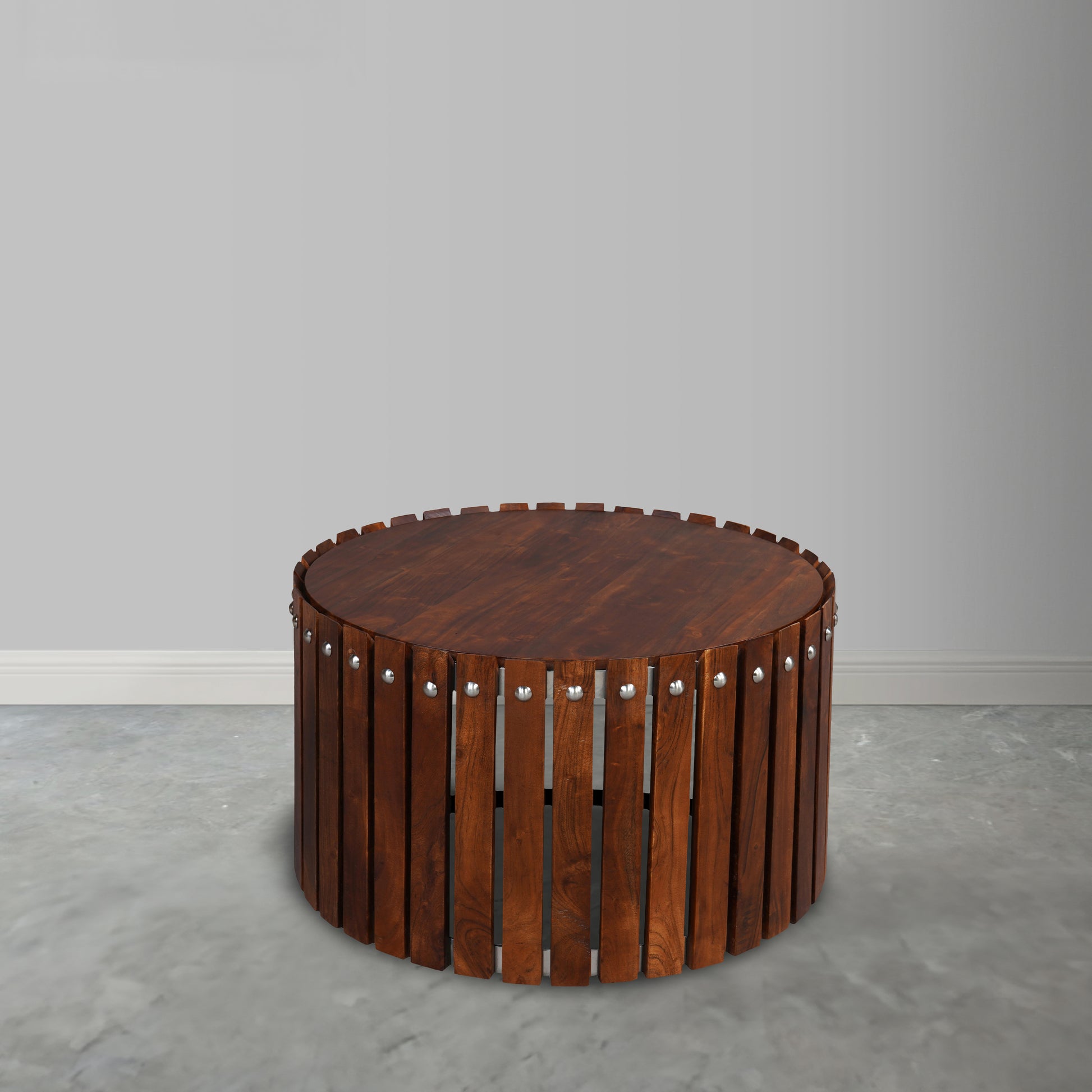 Myla 31 Inch Handcrafted Round Coffee Table With Vertical Planks, Iron Rivets, Dark Walnut Brown Acacia Wood Brown Metal & Wood