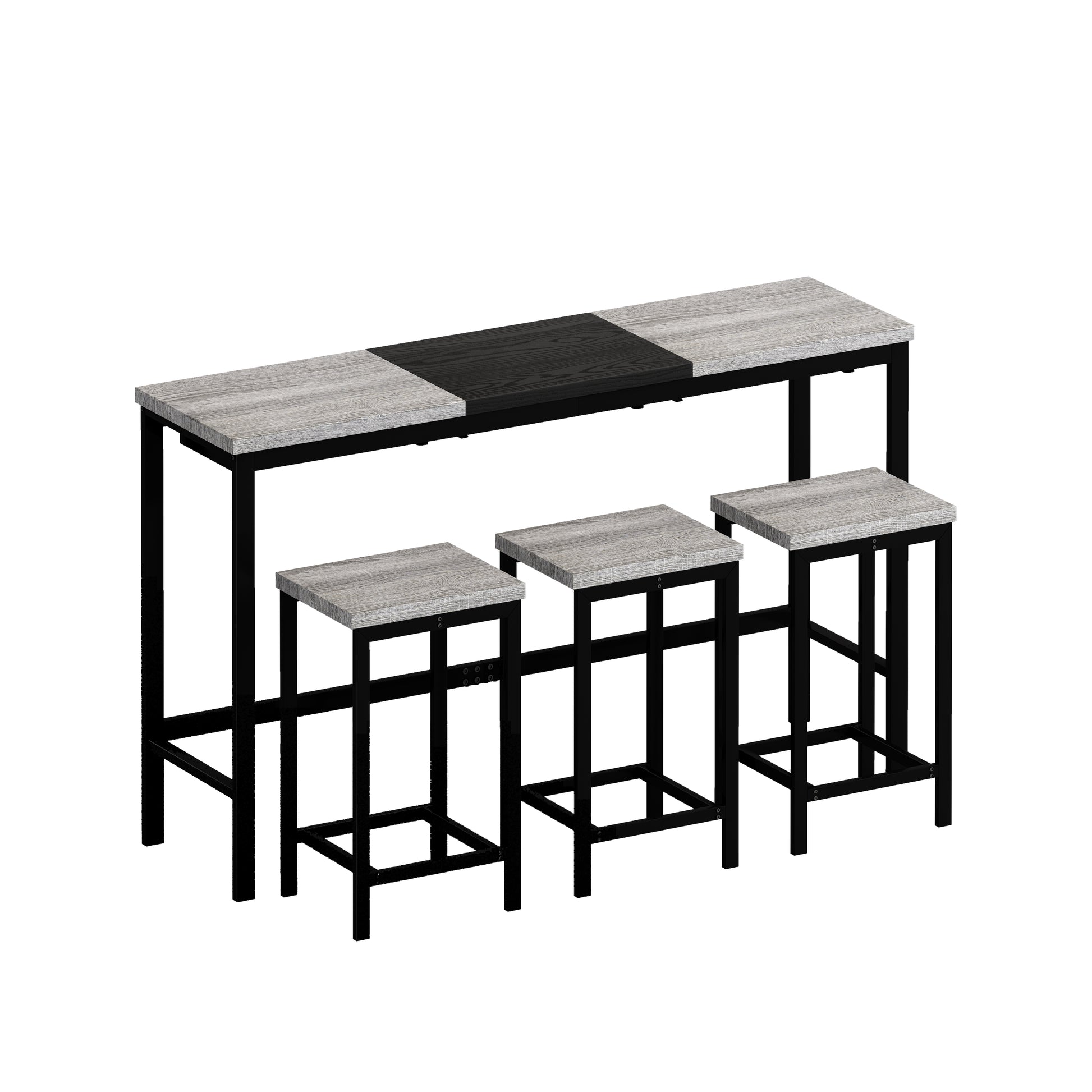 Modern Design Kitchen Dining Table, Pub Table, Long Dining Table Set With 3 Stools, Convenient Hanging Stool Design, Grey Black Grey Black Desk And Chair Set Mdf Metal