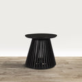 Ridge 20 Inch Handcrafted Mango Wood Round End Side Table, Slatted Flared Base, Black Black Solid Wood