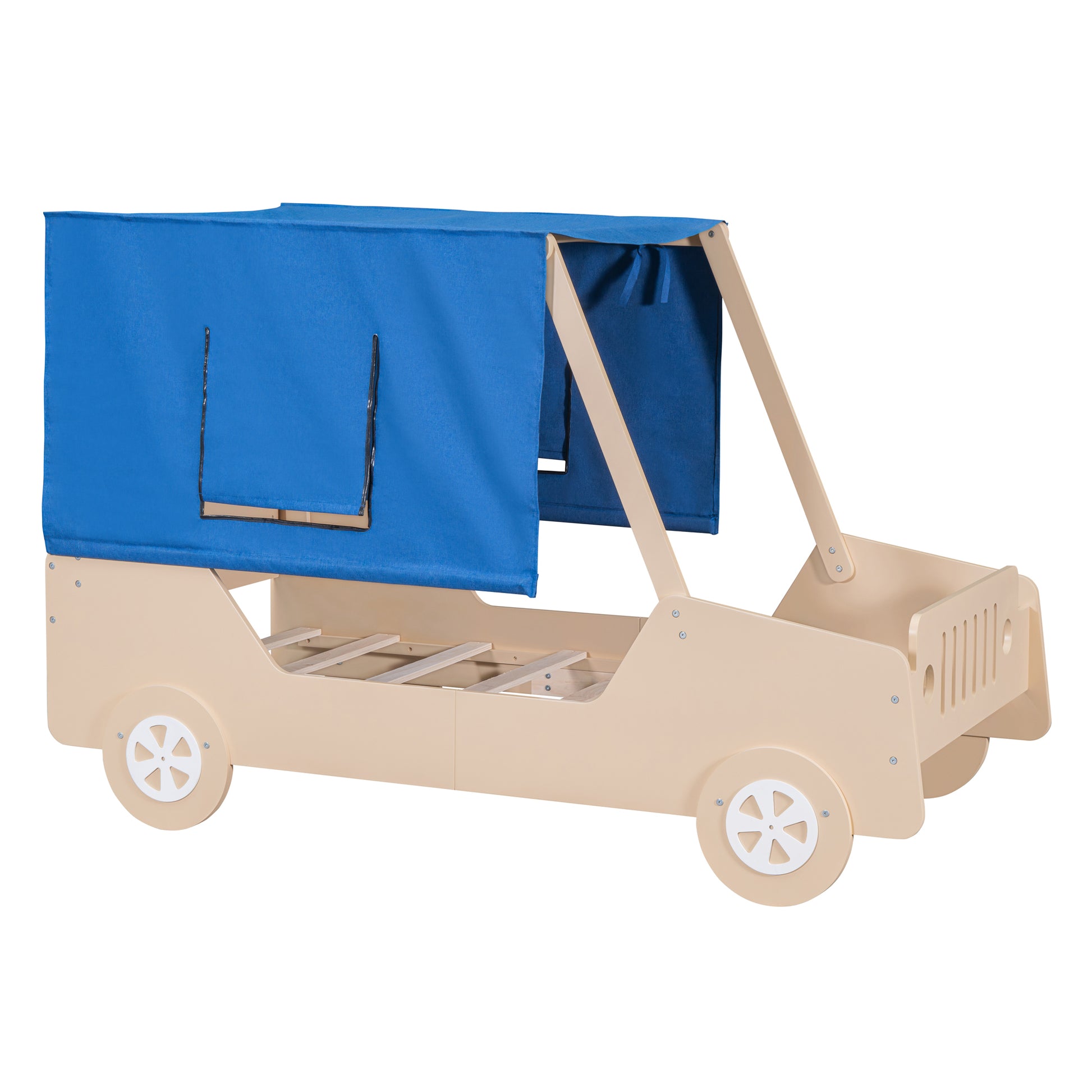 Twin Size Car Shaped Bed With Tents,Natural Natural Plywood