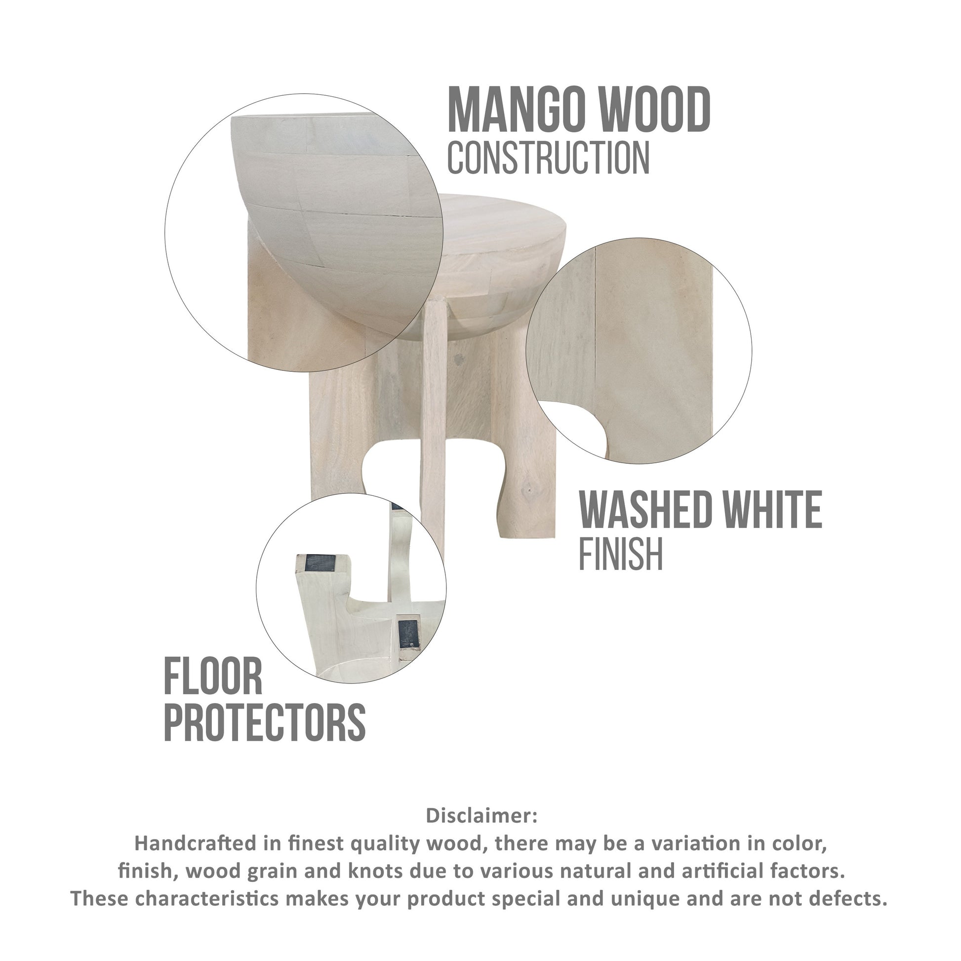 Tomas 20 Inch Side End Table, Mango Wood Drum Top, Classic Washed White White Solid Wood