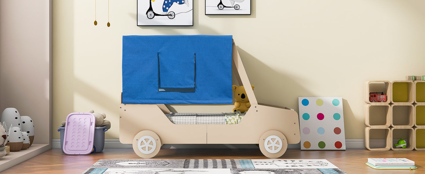 Twin Size Car Shaped Bed With Tents,Natural Natural Plywood