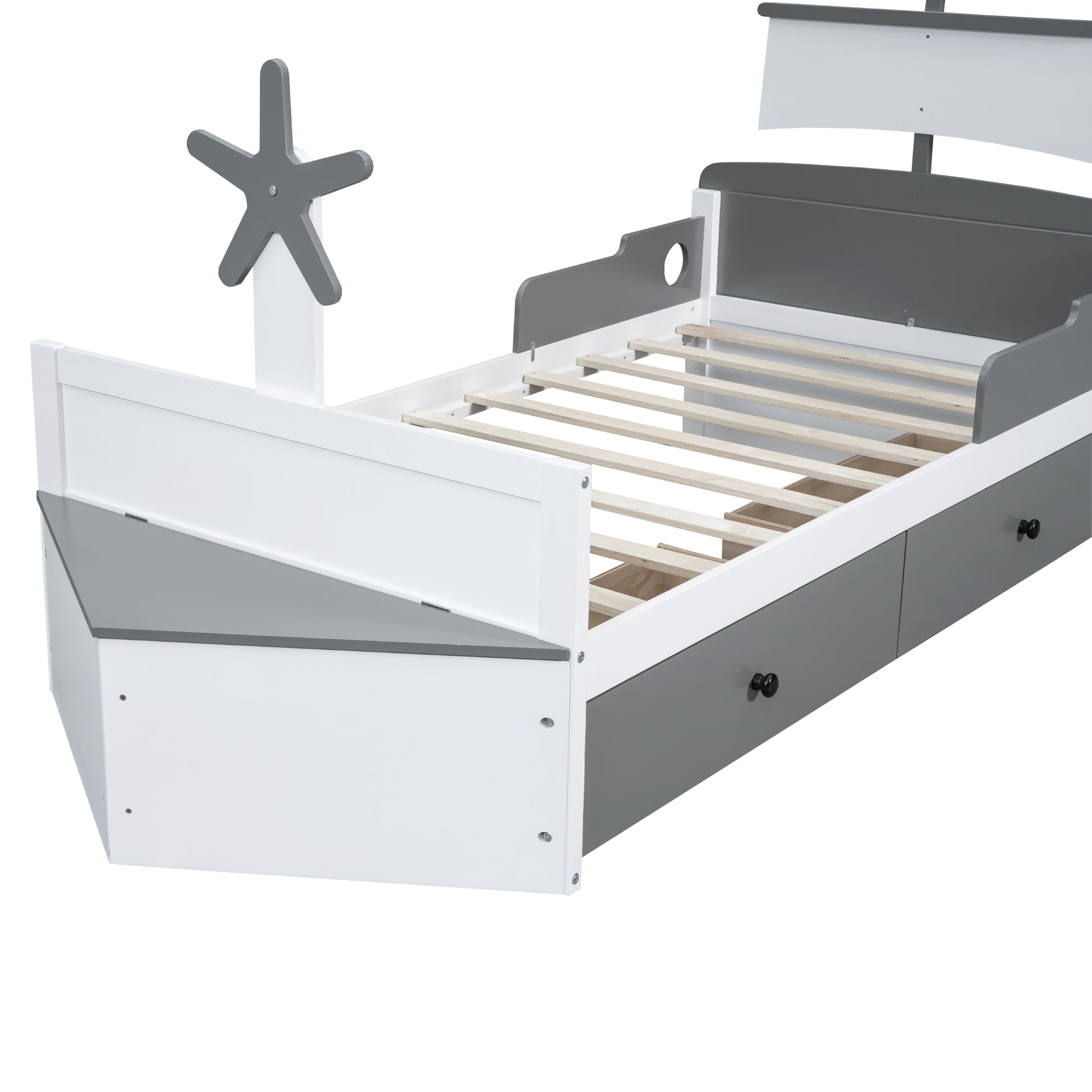Twin Size Boat Shaped Platform Bed With 2 Drawers,Twin Bed With Storage For Bedroom,Gray Gray Wood
