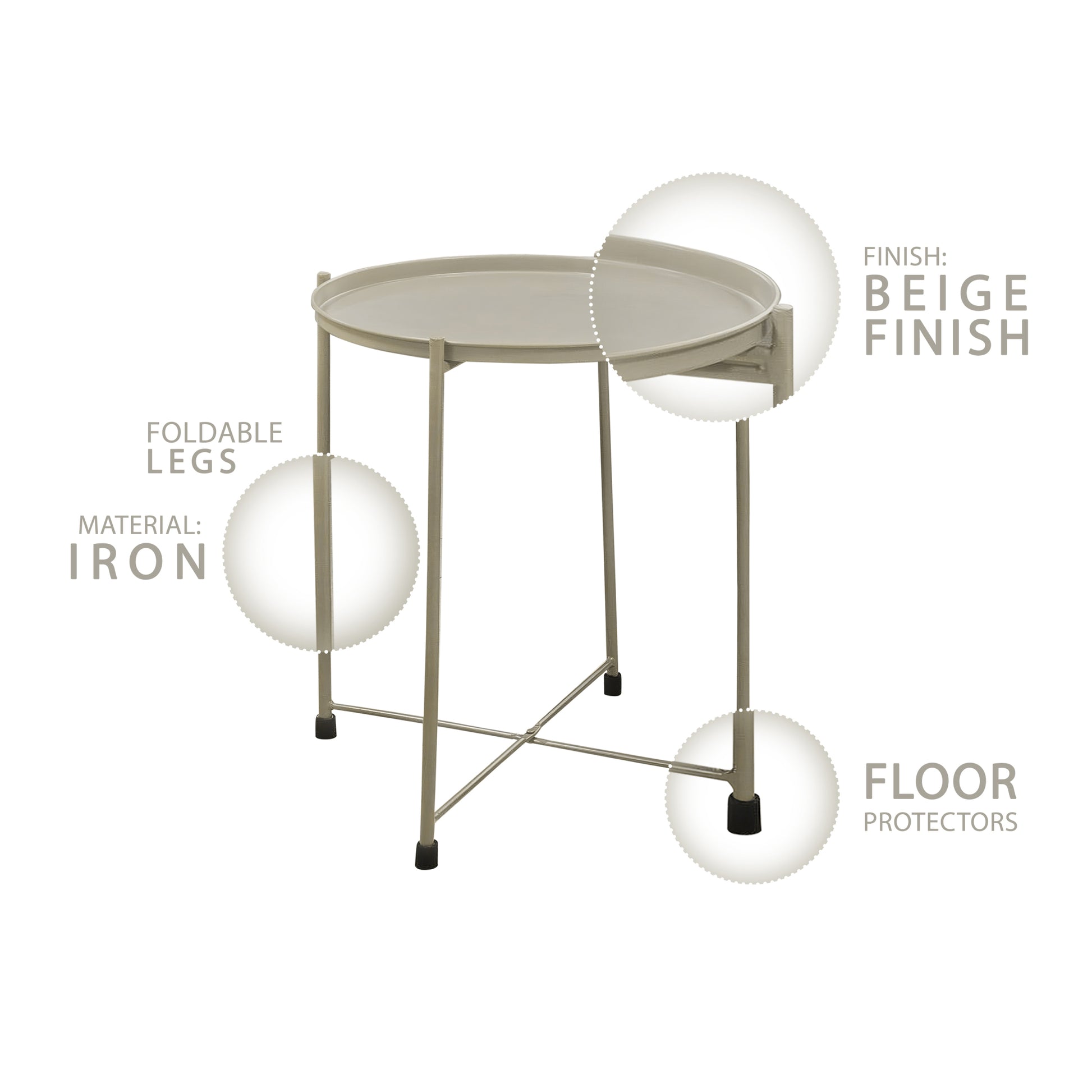 18 Inch Modern Side End Table, Round Metal Tray Top, Foldable Legs, Beige Beige Iron