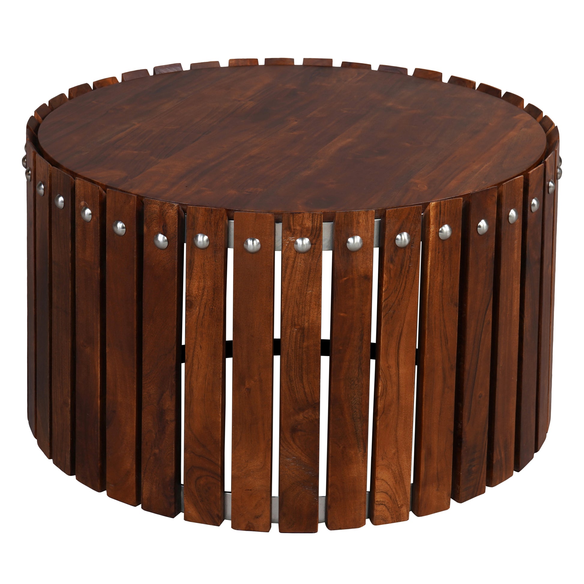Myla 31 Inch Handcrafted Round Coffee Table With Vertical Planks, Iron Rivets, Dark Walnut Brown Acacia Wood Brown Metal & Wood