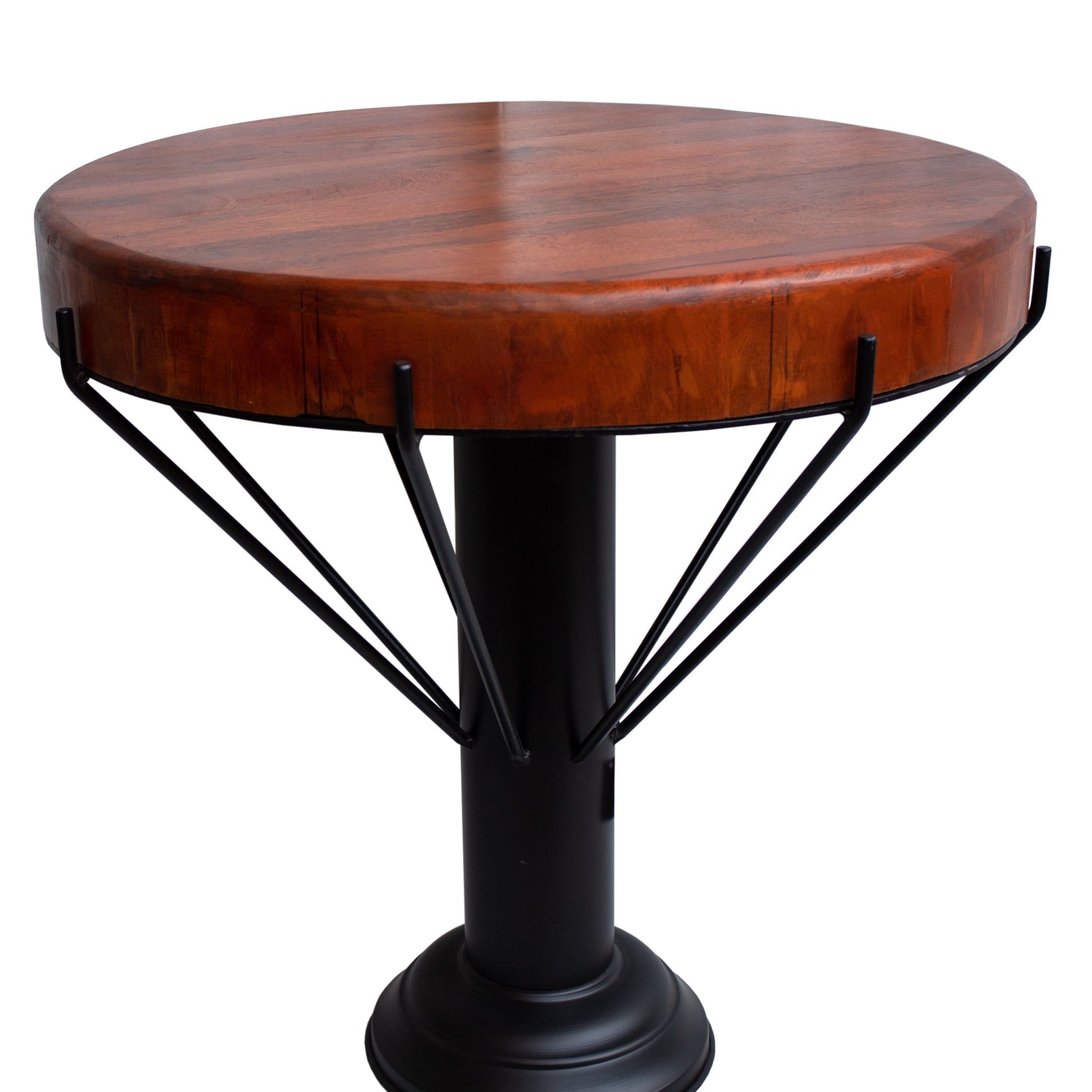 26 Inch Handcrafted Round Side End Table, Thick Mango Wood Top, Black Iron Pedestal Base Black Brown Metal & Wood