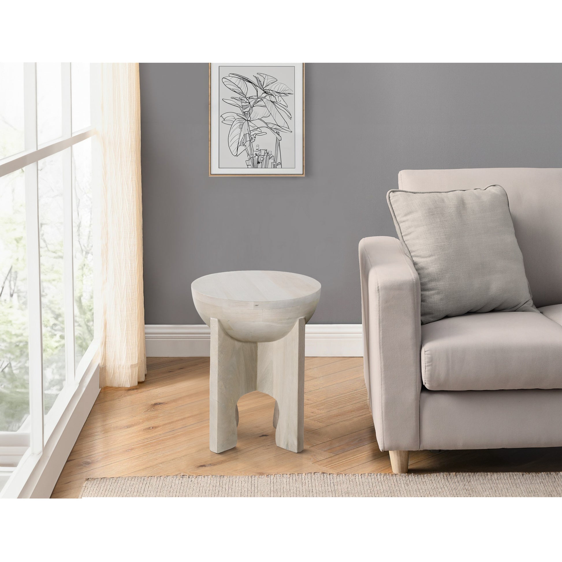 Tomas 20 Inch Side End Table, Mango Wood Drum Top, Classic Washed White White Solid Wood