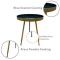 Enid 19 Inch Side End Table, Iron Brass Plating, Enamel Blue Top, Modern Sleek Angled Legs Blue Iron