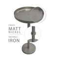 Ara 12 Inch Side End Table, Vintage Sleek Pillar Base, Round Tray Top, Matte Nickel Finish Antique Silver Iron