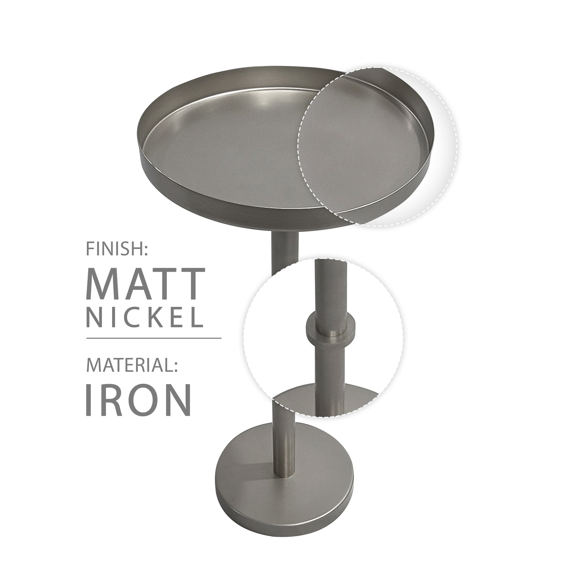 Ara 12 Inch Side End Table, Vintage Sleek Pillar Base, Round Tray Top, Matte Nickel Finish Antique Silver Iron