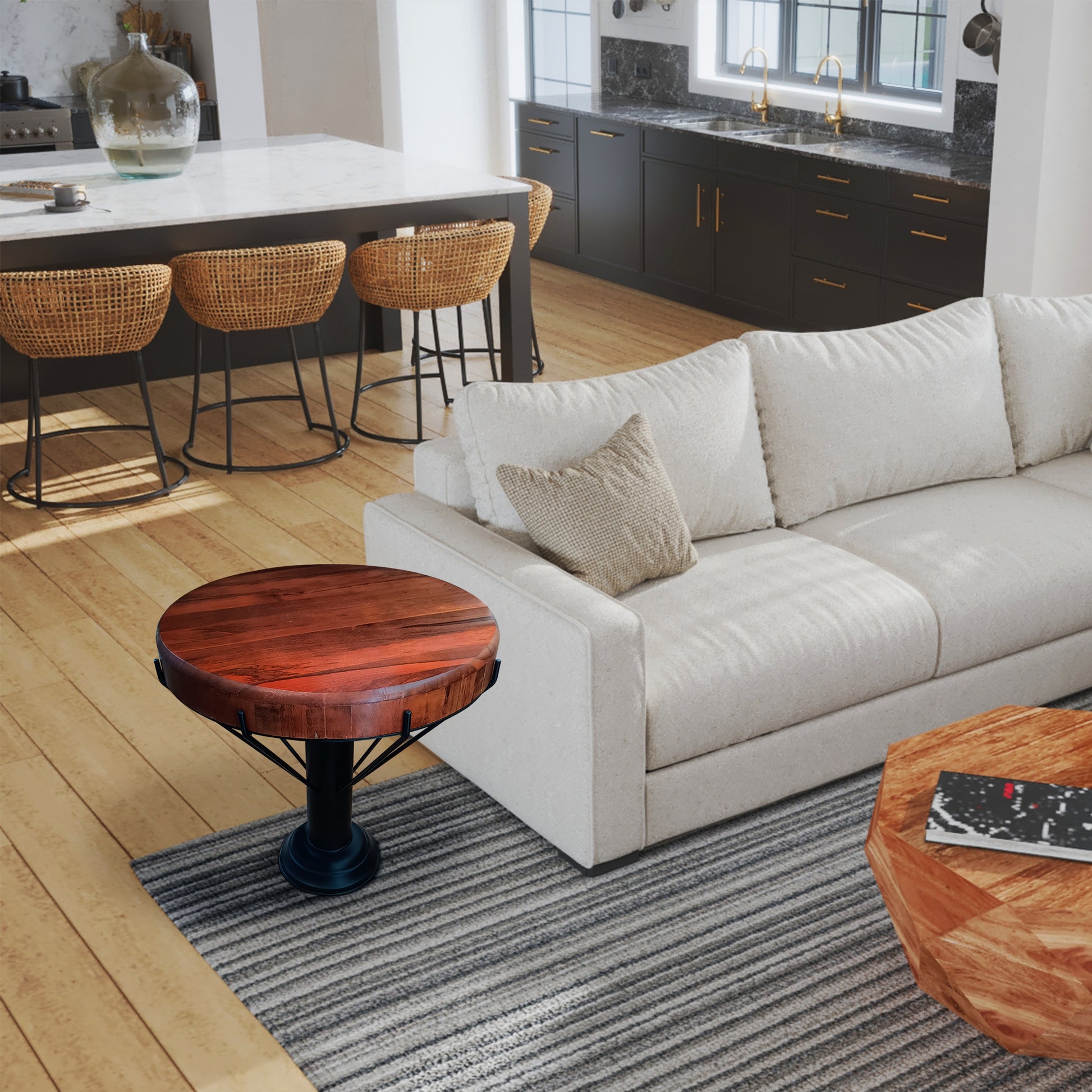 26 Inch Handcrafted Round Side End Table, Thick Mango Wood Top, Black Iron Pedestal Base Black Brown Metal & Wood