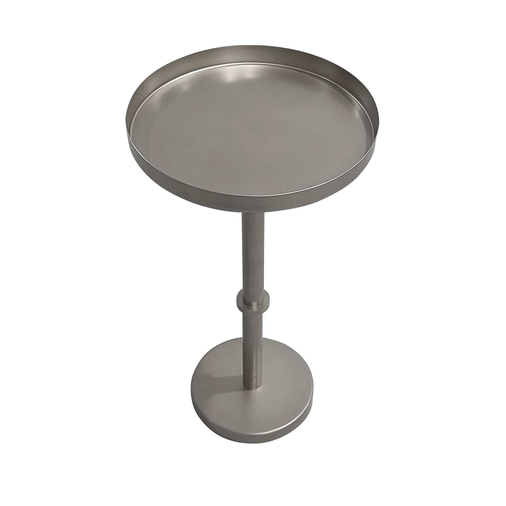 Ara 12 Inch Side End Table, Vintage Sleek Pillar Base, Round Tray Top, Matte Nickel Finish Antique Silver Iron
