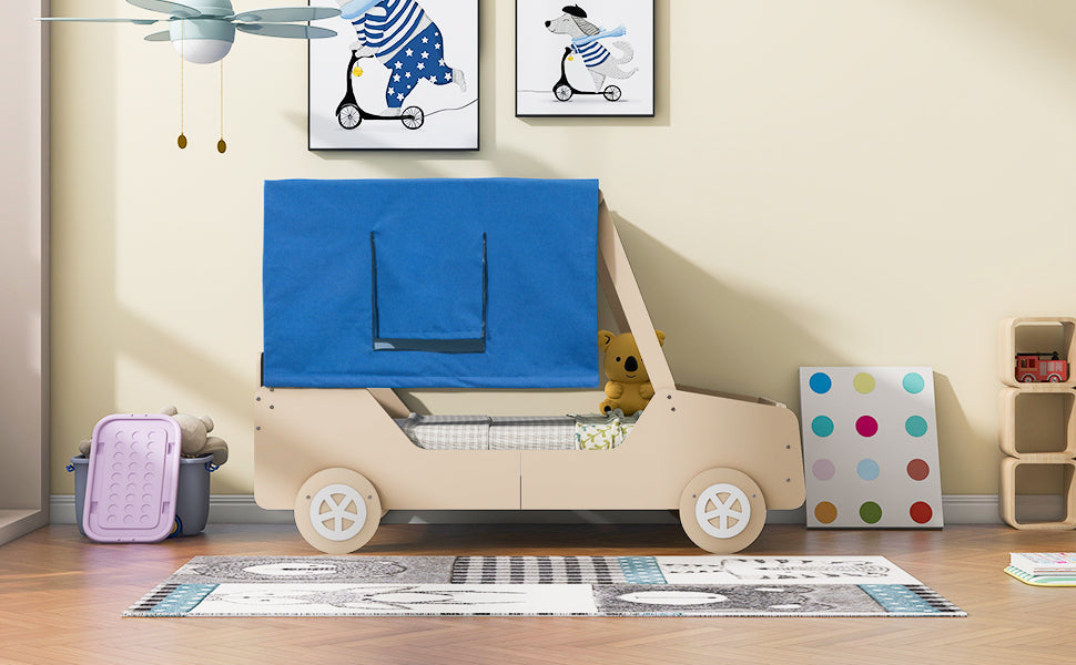 Twin Size Car Shaped Bed With Tents,Natural Natural Plywood