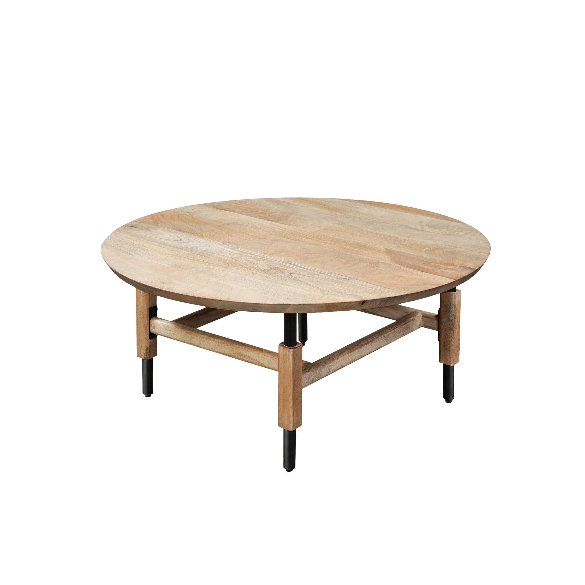 34 Inch Round Coffee Table, Handcrafted Natural Brown Mango Wood With Black Iron Legs Black Brown Metal & Wood