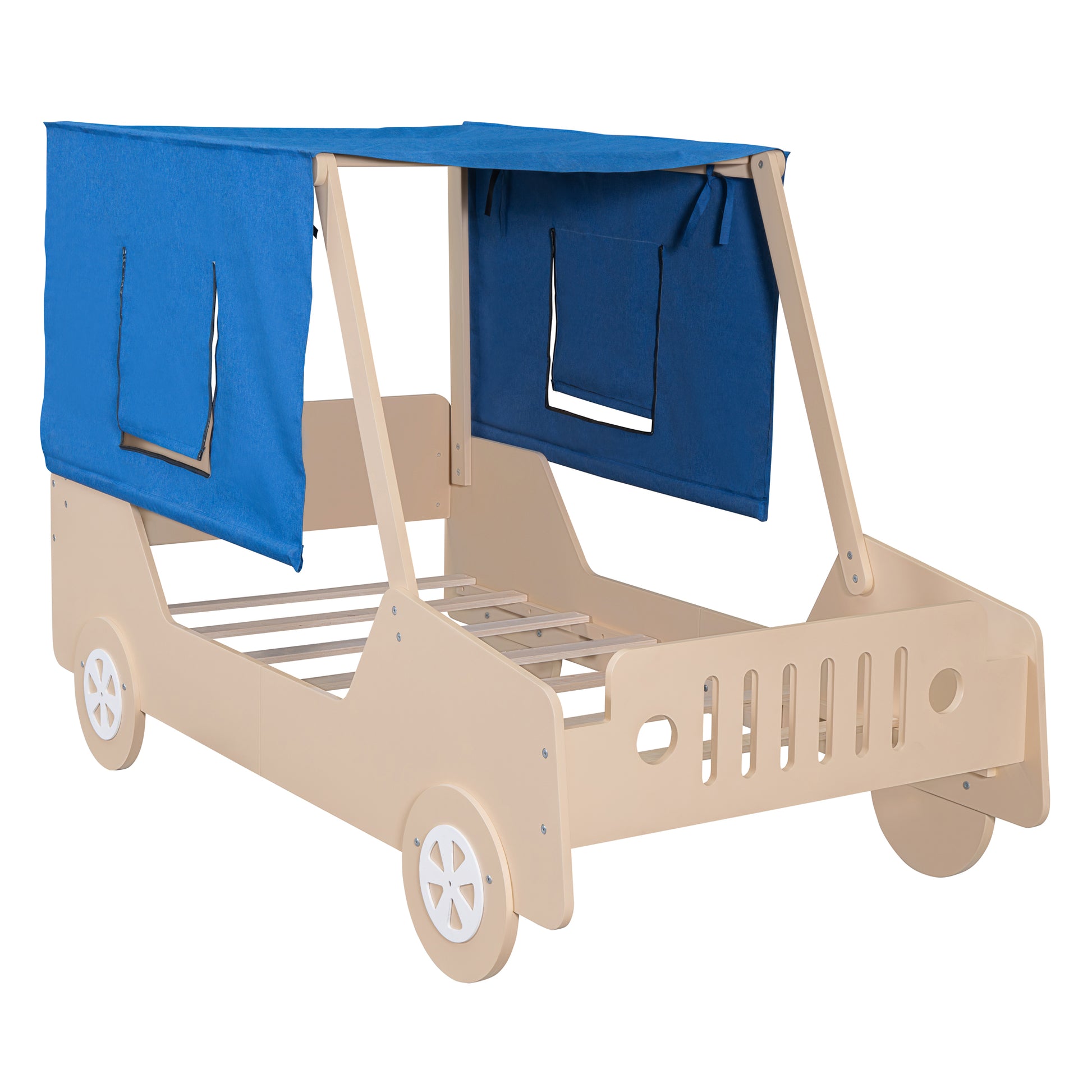 Twin Size Car Shaped Bed With Tents,Natural Natural Plywood