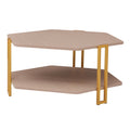 36 Inch Hexagonal Modern Coffee Table, Wood Top And Shelf, Gold Metal Legs Brown Gold Particle Board