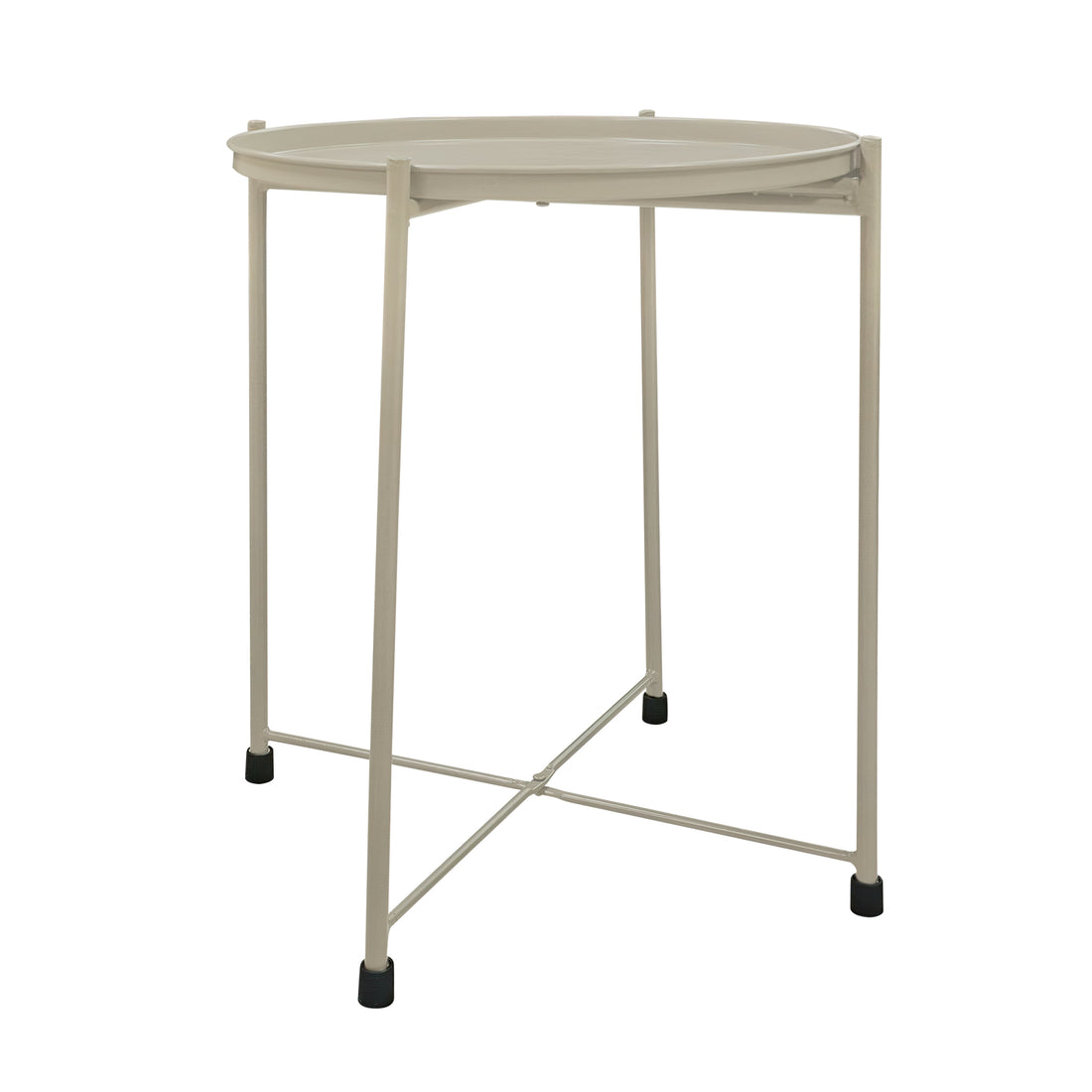18 Inch Modern Side End Table, Round Metal Tray Top, Foldable Legs, Beige Beige Iron