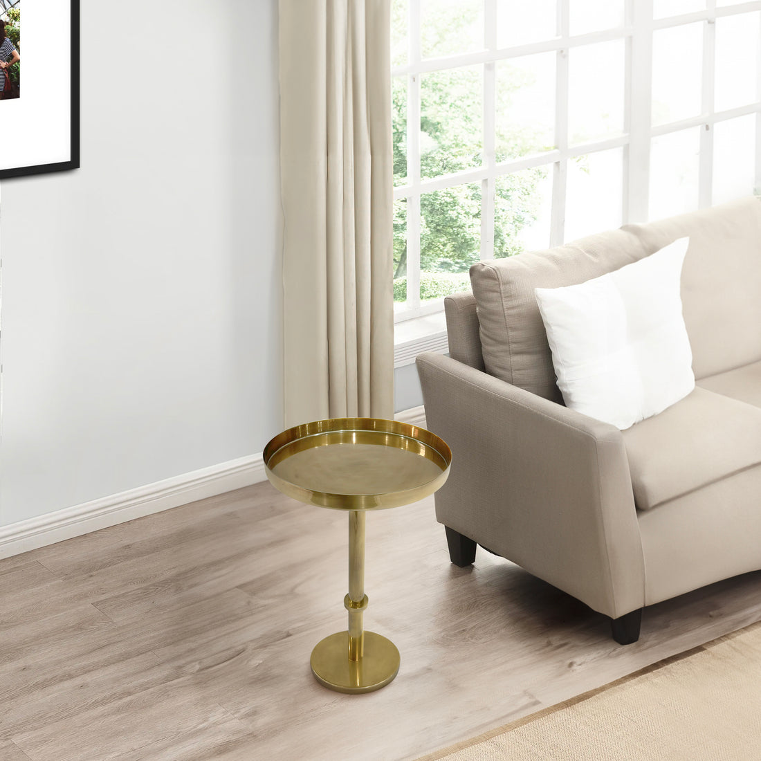 Ara 12 Inch Side End Table, Vintage Sleek Pillar Base, Round Tray Top, Oxidized Antique Brass Antique Brass Iron