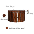 Myla 31 Inch Handcrafted Round Coffee Table With Vertical Planks, Iron Rivets, Dark Walnut Brown Acacia Wood Brown Metal & Wood