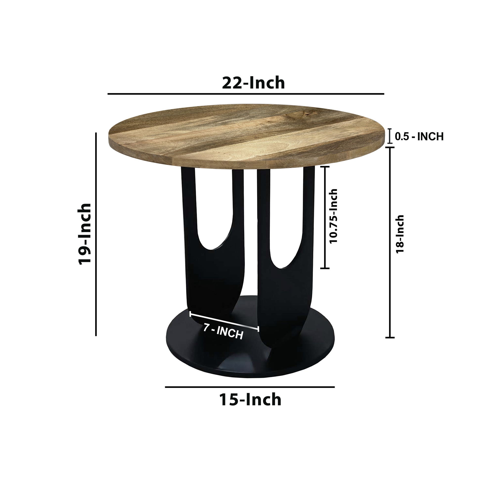 22 Inch Side End Table, Round Natural Mango Wood Top, Black Iron U Shaped Legs Black Brown Metal & Wood