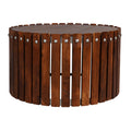 Myla 31 Inch Handcrafted Round Coffee Table With Vertical Planks, Iron Rivets, Dark Walnut Brown Acacia Wood Brown Metal & Wood