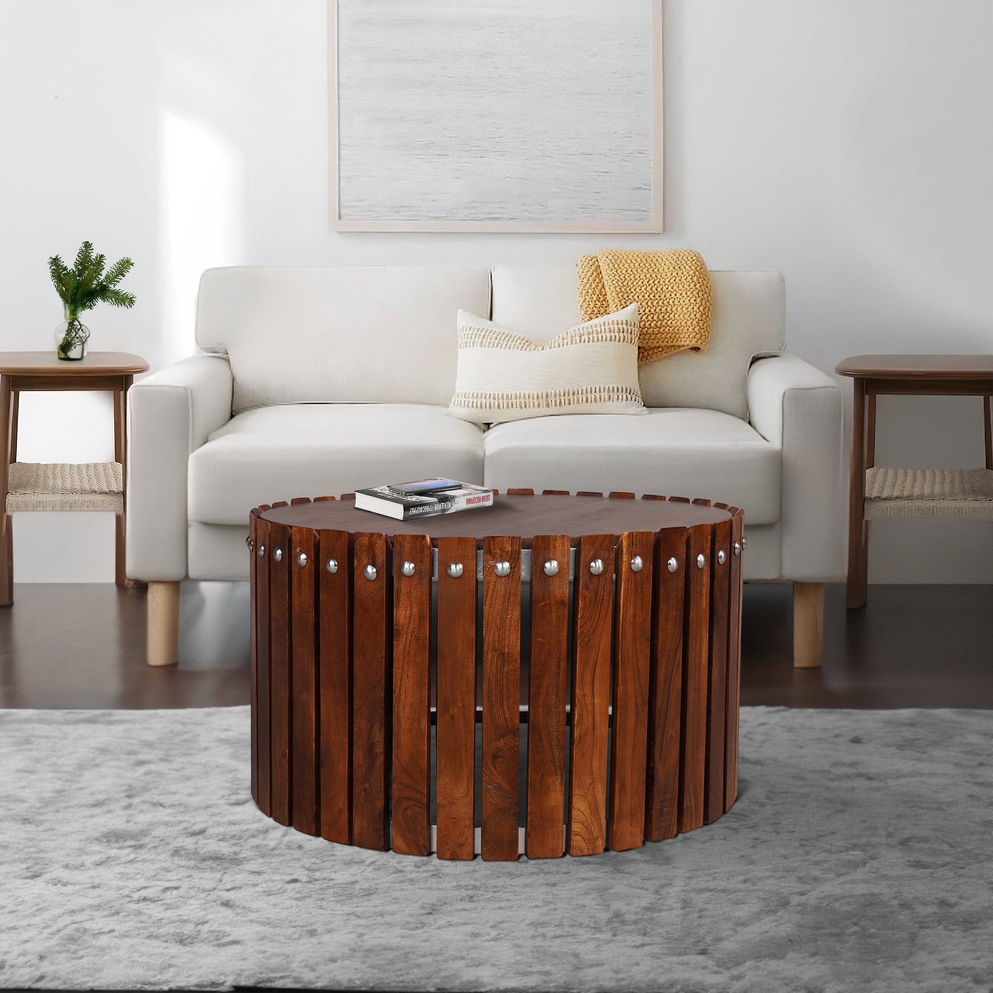 Myla 31 Inch Handcrafted Round Coffee Table With Vertical Planks, Iron Rivets, Dark Walnut Brown Acacia Wood Brown Metal & Wood