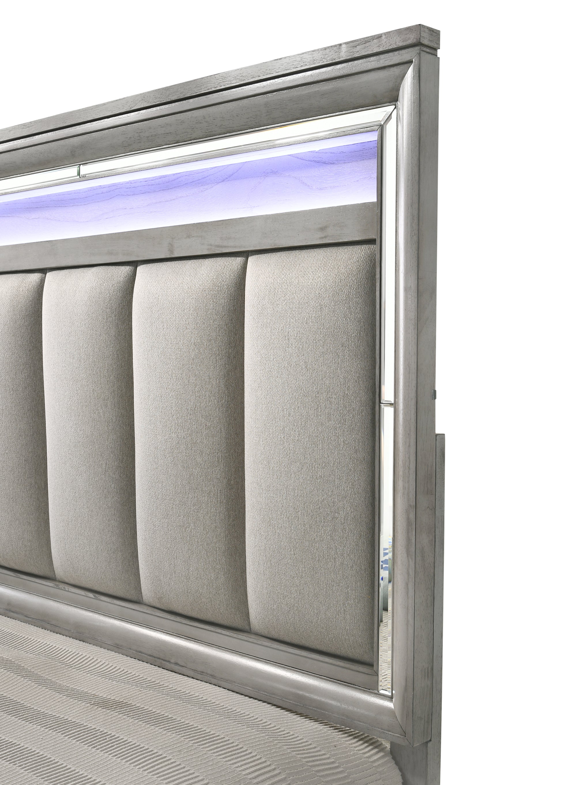 Modern Glam Style Upholstered Headboard Led Light Silver Strip Inlay Edges Light Gray Finish 1Pc King Size Bed Wooden Bedroom Furniture Light Gray Solid Wood