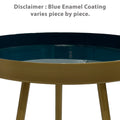 Enid 19 Inch Side End Table, Iron Brass Plating, Enamel Blue Top, Modern Sleek Angled Legs Blue Iron