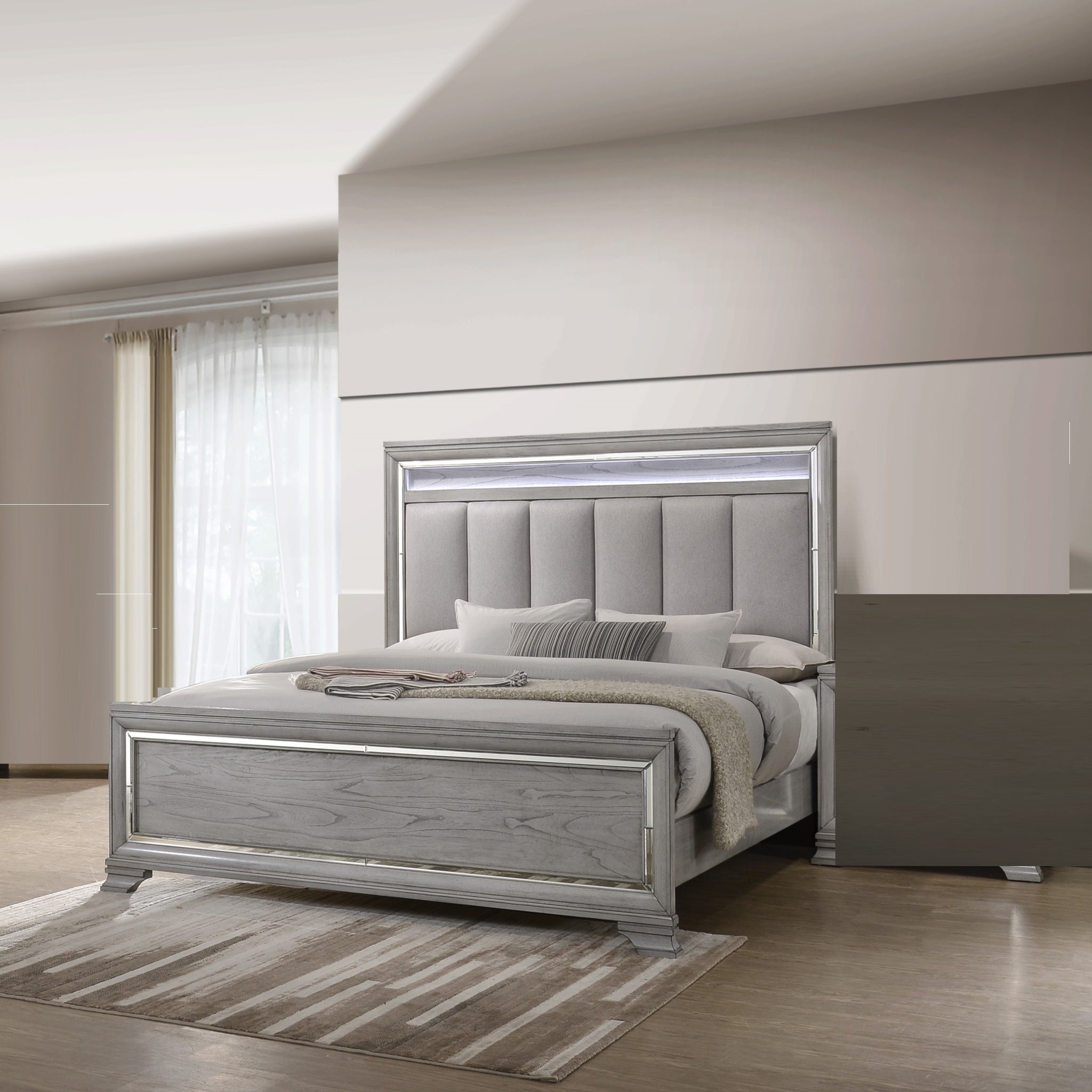 Modern Glam Style Upholstered Headboard Led Light Silver Strip Inlay Edges Light Gray Finish 1Pc King Size Bed Wooden Bedroom Furniture Light Gray Solid Wood