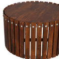 Myla 31 Inch Handcrafted Round Coffee Table With Vertical Planks, Iron Rivets, Dark Walnut Brown Acacia Wood Brown Metal & Wood