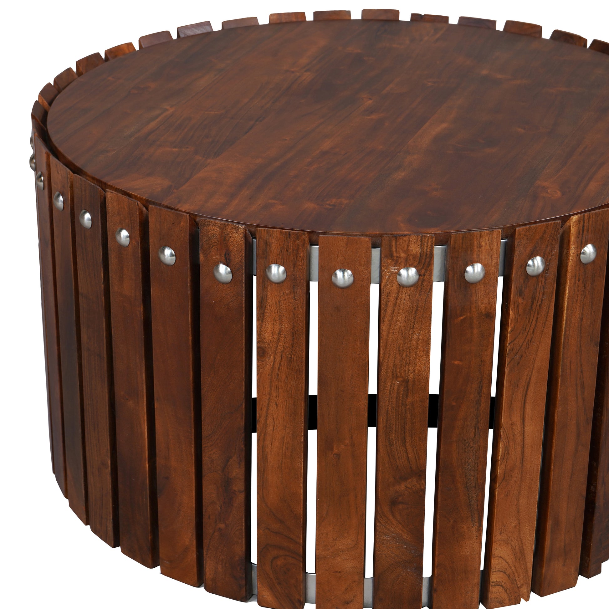 Myla 31 Inch Handcrafted Round Coffee Table With Vertical Planks, Iron Rivets, Dark Walnut Brown Acacia Wood Brown Metal & Wood