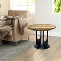 22 Inch Side End Table, Round Natural Mango Wood Top, Black Iron U Shaped Legs Black Brown Metal & Wood