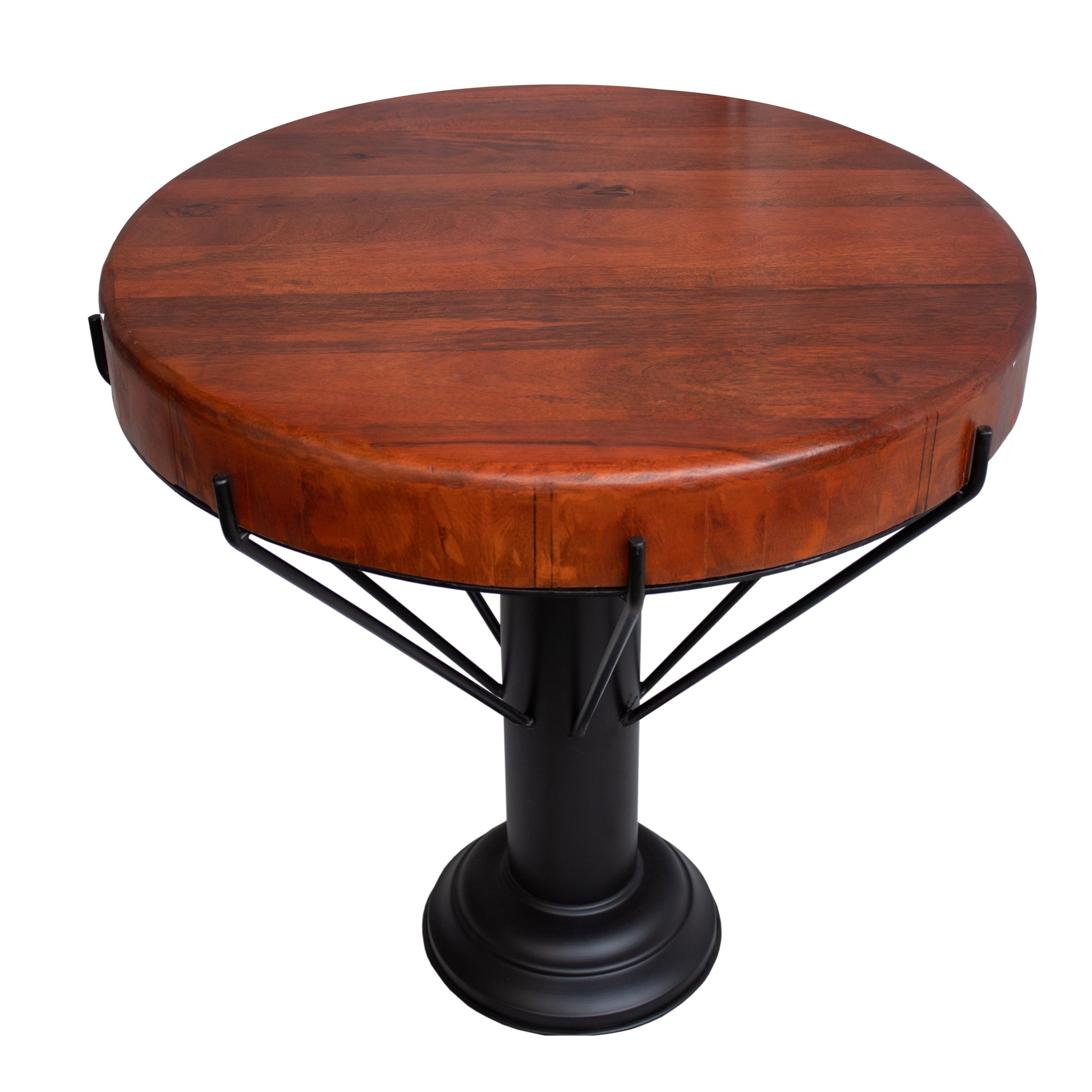 26 Inch Handcrafted Round Side End Table, Thick Mango Wood Top, Black Iron Pedestal Base Black Brown Metal & Wood