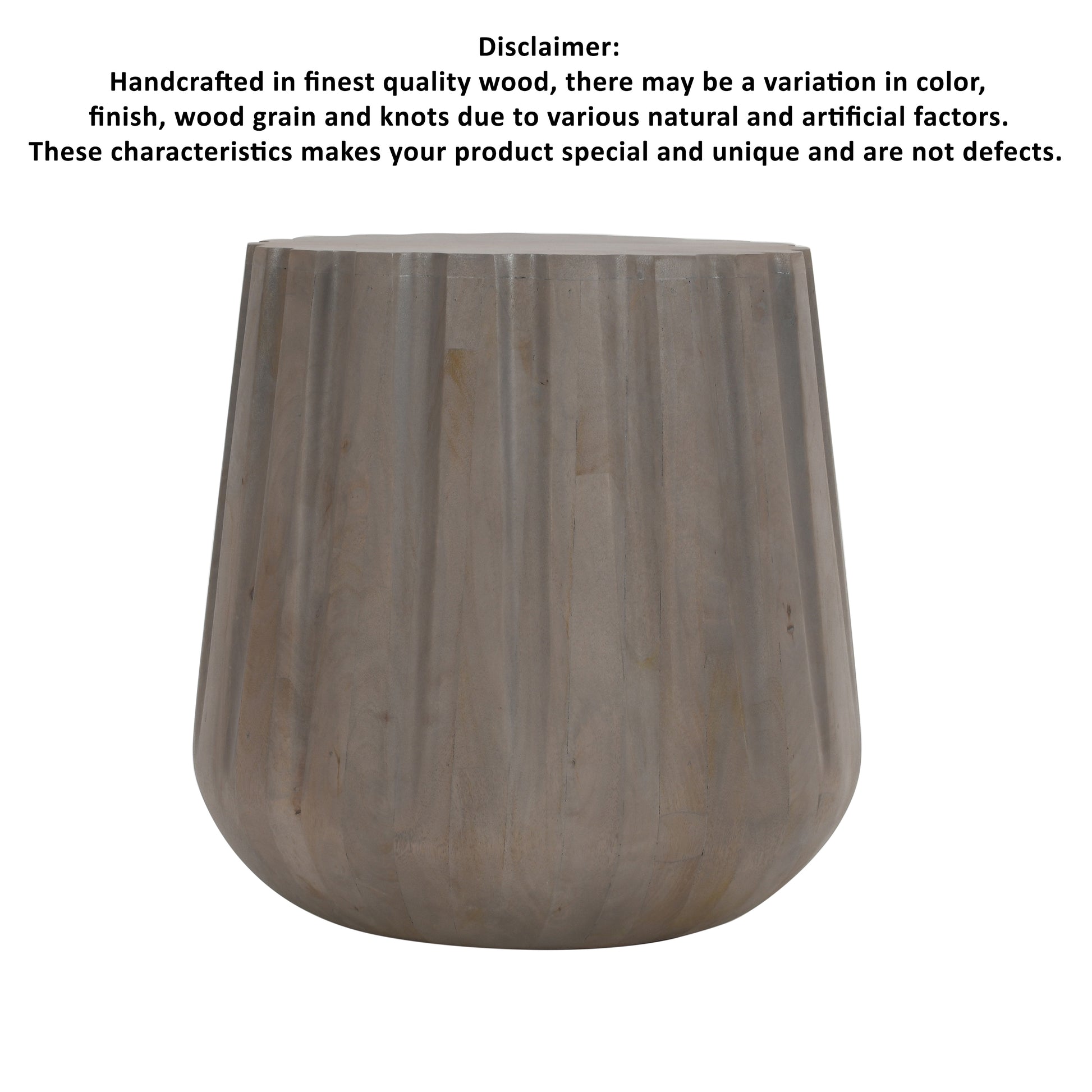 22 Inch Side End Table, Mango Wood Drum Shape With Handcrafted Grooved Edges, Gray Gray Solid Wood