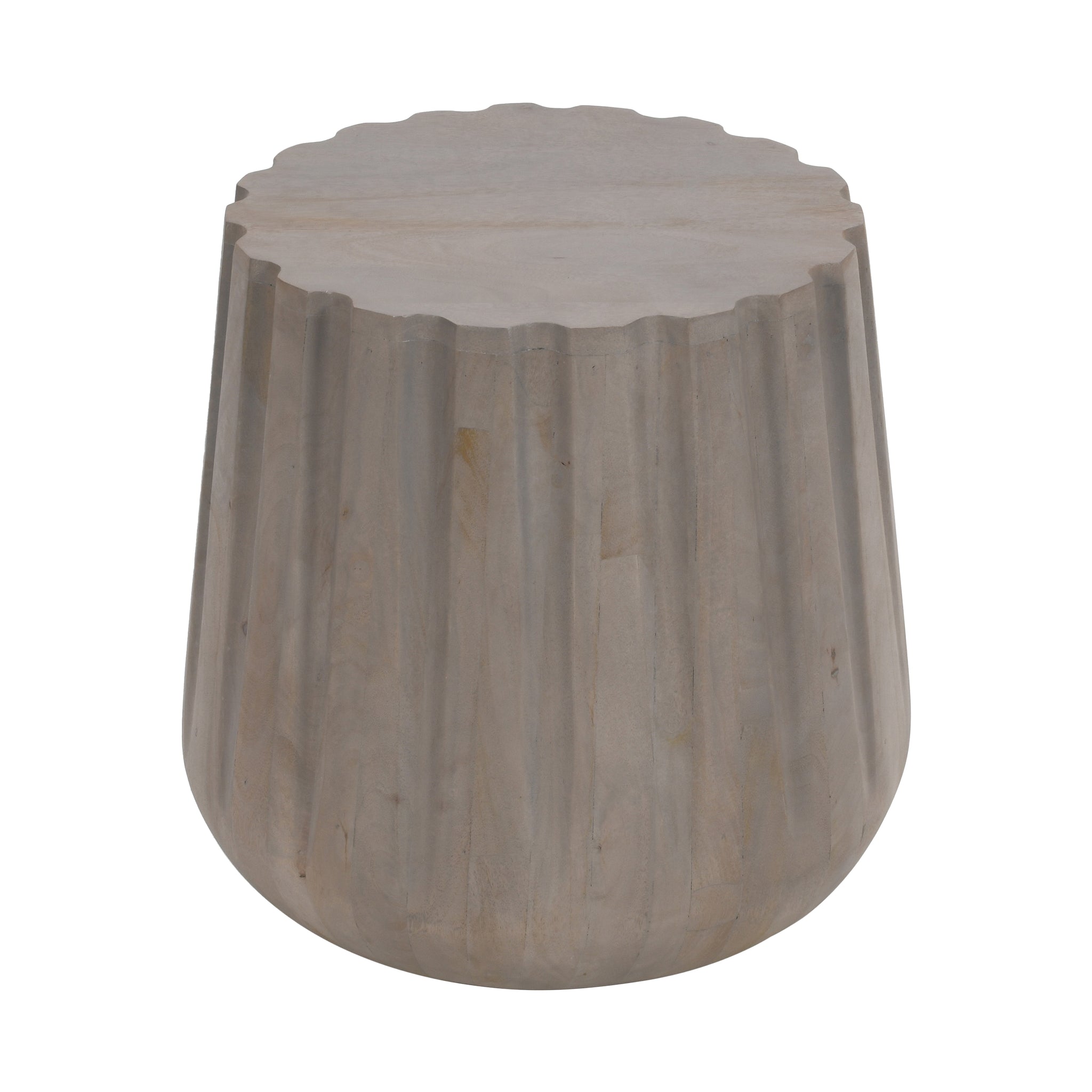 22 Inch Side End Table, Mango Wood Drum Shape With Handcrafted Grooved Edges, Gray Gray Solid Wood