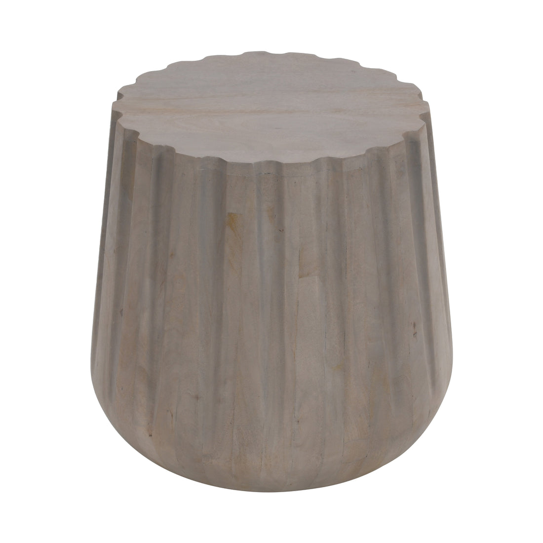 22 Inch Side End Table, Mango Wood Drum Shape With Handcrafted Grooved Edges, Gray Gray Solid Wood