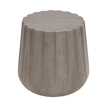 22 Inch Side End Table, Mango Wood Drum Shape With Handcrafted Grooved Edges, Gray Gray Solid Wood