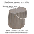 22 Inch Side End Table, Mango Wood Drum Shape With Handcrafted Grooved Edges, Gray Gray Solid Wood