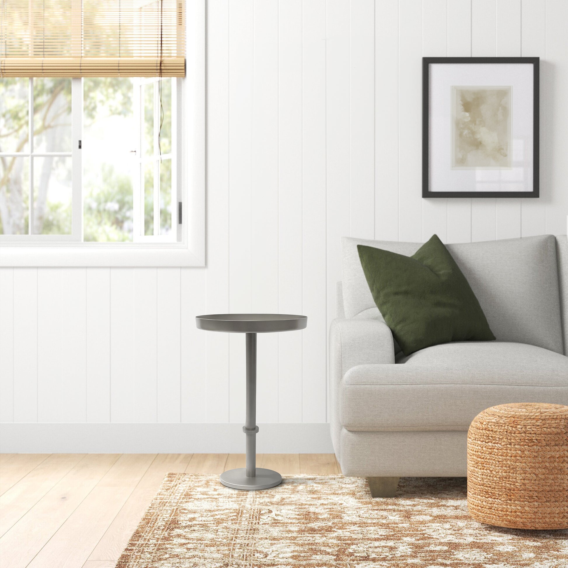 Ara 12 Inch Side End Table, Vintage Sleek Pillar Base, Round Tray Top, Matte Nickel Finish Antique Silver Iron